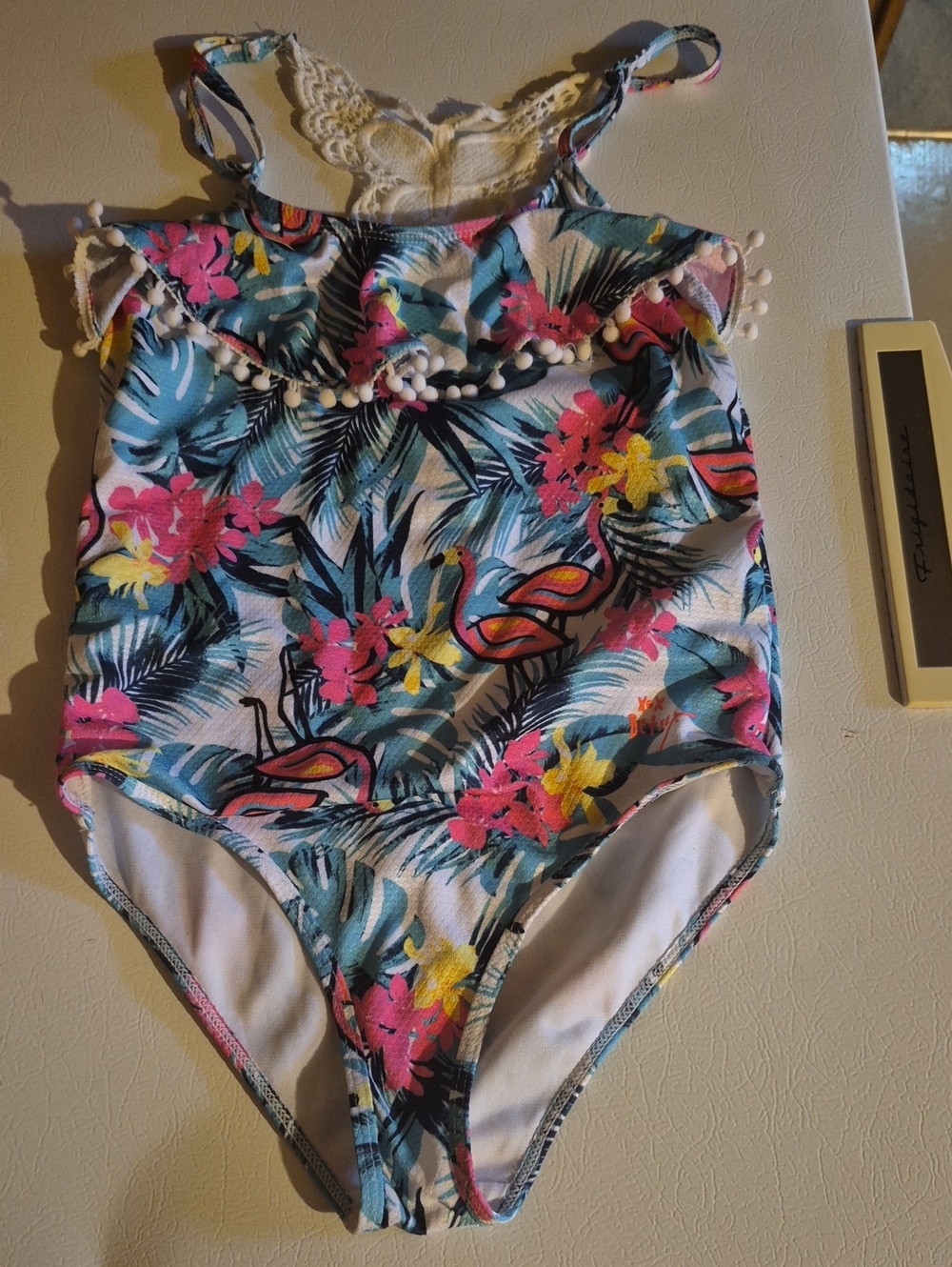 Betsey Johnson Girls Floral Flamingo One-Piece Swimsuit - Teal, Pink, Yellow